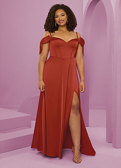 Barbie ♥ Azazie Bridesmaid Dresses Rust A-Line Off the Shoulder Stretch Satin Dress image8