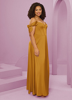 Barbie ♥ Azazie Bridesmaid Dresses Butterscotch A-Line Off the Shoulder Stretch Satin Dress image5