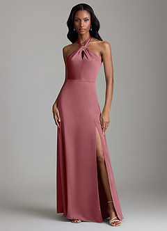 Azazie Tracie Bridesmaid Dresses Desert Rose A-Line Side Slit Stretch Satin Dress image1