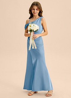 Azazie Madelyn Junior Osłona Zza ramienia Satyna elastyczna Długość podłogi Młodsza druhna Sukienka image5