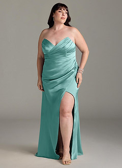 Azazie Yola Bridesmaid Dresses Aqua Sheath V-Neck Pleated Stretch Satin Convertible Dress image11