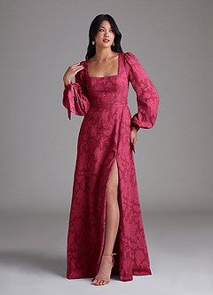 Azazie Leonia Bridesmaid Dresses Burgundy A-Line Long Sleeve Floral Burnout Dress image4