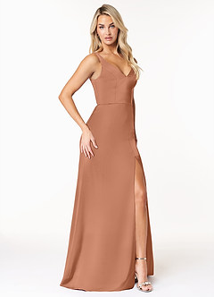 Azazie Jess Bridesmaid Dresses Bronzer Sheath V-Neck Stretch Satin Dress image4