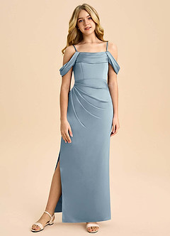 Azazie Saige Junior Vestido de Azul Polvoriento de Satén Elástico de Corte Recto con Vestidos sin tirantes image3