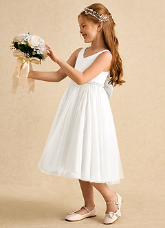 Azazie Firefly Flower Girl Dresses Ivory A-Line Bow Matte Satin Dress image4