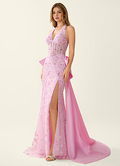 Zahra Pink Sparkly V-neck Mermaid Lace Up Back Prom Dress image4