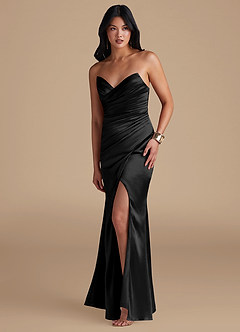 Azazie Yola Bridesmaid Dresses Black Sheath Pleated Metallic Satin Dress image5