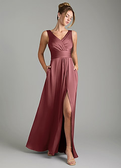 Azazie Karina Robes de demoiselle d'honneur Robe Trapèze en Satin extensible Plissée Améthyste image1