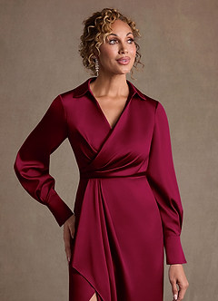 Azazie Jacinta Mère de la mariée Robes Robe Fourreau en Satin extensible Plissée Bourgogne image5