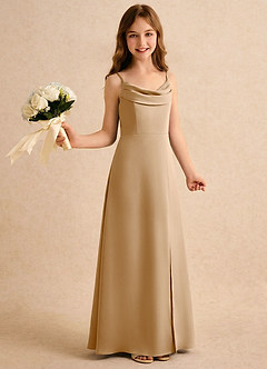 Azazie Shira Girls Formal Flower Girl Dresses Gold A-Line Pleated Stretch Satin Dress image4