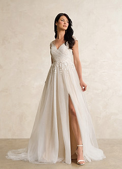 Azazie Bellisima Wedding Dresses Diamond White Nude A-Line V-Neck Tulle Dress image9