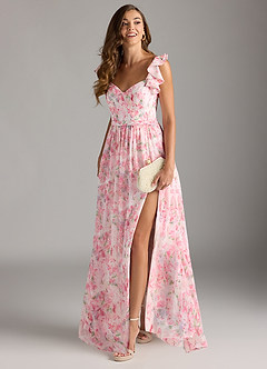 Azazie Nalin Bridesmaid Dresses Abstract Watercolor Floral A-Line Ruched Chiffon Dress image3