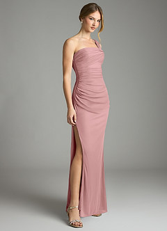 Azazie Tati Vestidos de damas de honor Vestido de Rosa Polvorienta de Malla de Corte Recto con Vestidos sin tirantes image3