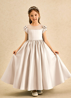 Azazie Toffee Flower Girl Dresses White Alabaster Ball-Gown Bow Matte Satin Dress image2
