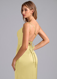 Azazie Naria Vestidos de damas de honor Vestido de Sorbete De Limón de Satén Elástico de Corte Recto con Hombro unilateral image2