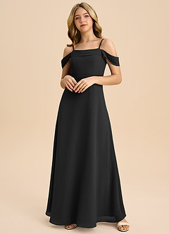 Azazie Anselie Junior Black A-Line Off the Shoulder Chiffon Dress image3