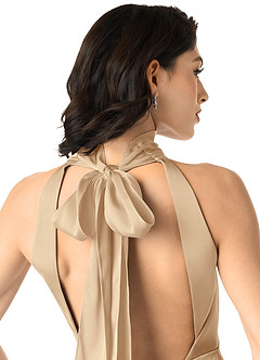 Azazie x Delaney Bridesmaid Dresses Champagne Sheath High Neck Stretch Satin Dress image5