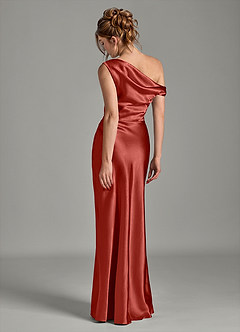 Azazie Emerson Bridesmaid Dresses Rust Mermaid Off the Shoulder Metallic Satin Dress image2