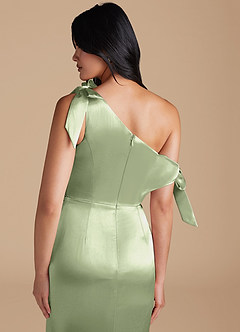Azazie Xyla Bridesmaid Dresses Dusty Sage Sheath Off the Shoulder Metallic Satin Convertible Dress image4