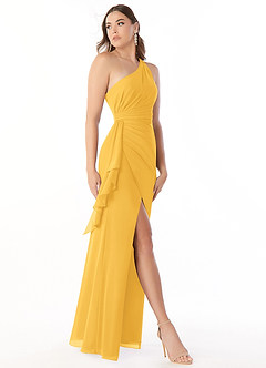 Azazie Maive Bridesmaid Dresses Marigold Sheath Pleated Ruffle Chiffon Dress image3