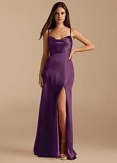 Azazie Erma Bridesmaid Dresses Plum A-Line Side Slit Metallic Satin Dress image1
