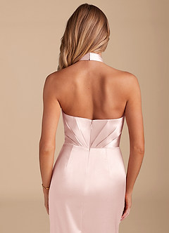 Azazie Zaya Bridesmaid Dresses Blushing Pink Sheath Pleated Metallic Satin Dress image2