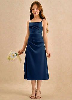 Azazie Canna Girls Formal Flower Girl Dresses Dark Navy A-Line Pleated Stretch Satin Dress image5