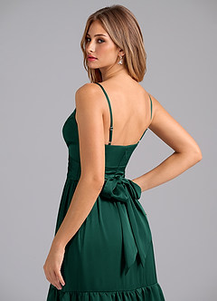 Azazie Nathalia Bridesmaid Dresses Emerald A-Line Pleated Stretch Satin Dress image2