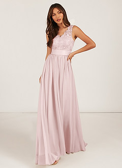 Azazie Gertrude Bridesmaid Dresses Blushing Pink A-Line Lace Chiffon Dress image1