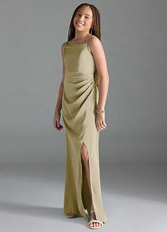 Azazie Leonis Junior Moss Green A-Line Pleated Stretch Satin Dress image4