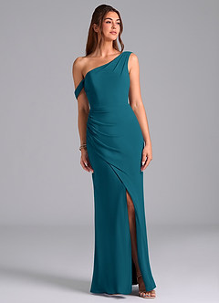 Azazie Madelyn Bridesmaid Dresses Ink Blue Mermaid Off the Shoulder Chiffon Convertible Dress image1