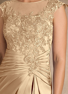 Azazie Santa Barbara Moeder van de bruid jurken Kolom Jurk van Stretch Satijn Geplooid Champagne image9