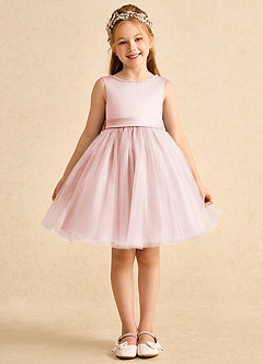 Azazie Jani Robe Demoiselle D'honneur Fillette Robe Trapèze en Tulle Arc Rose Pâle image4