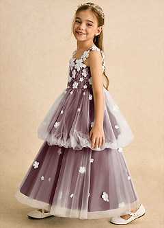 Azazie Teacup Flower Girl Dresses Ivory Cabernet Ball-Gown Lace Tulle Dress image3