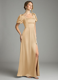 Azazie Fyona Bridesmaid Dresses Gold A-Line Pleated Stretch Satin Dress image5