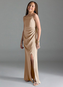 Azazie Leonis Junior Taupe A-Line Pleated Stretch Satin Dress image4