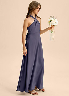 Azazie Beah Junior Robe Trapèze en Satin extensible Plissée Bleu Orageux image6