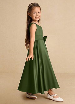 Azazie Lindy Flower Girl Dresses Olive A-Line Pleated Matte Satin Dress image5