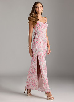 Azazie Mai Bridesmaid Dresses Abstract Watercolor Floral Sheath Pleated Chiffon Dress image3