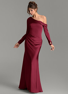 Azazie Sandra Robes de demoiselle d'honneur Robe Sirène en Satin extensible Manches longues Bourgogne image3