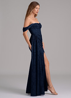 Azazie Amyra Brautjungfernkleider Wandelbar Meerjungfrau-Linie Schulterfrei Blumen-Burnout Kleid Dunkelmarine image5