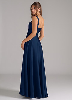 Azazie Shaude Bridesmaid Dresses Dark Navy A-Line Pleated Stretch Satin Dress image7