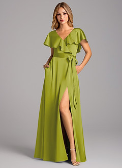 Azazie Lainey Bridesmaid Dresses Lemongrass A-Line with Pockets Stretch Satin Dress image4