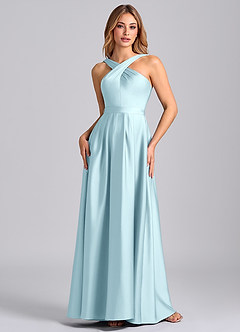 Azazie Dixie Robes de demoiselle d'honneur Robe Trapèze en Satin extensible Plissé Bleu Nuage image4