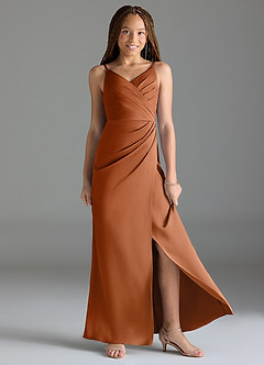 Azazie Maci Junior Copper Mermaid Pleated Stretch Satin Dress image3