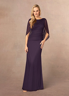 Azazie Belladonna vestidos de madre de la novia Vestido de Ciruela de Malla de Corte Sirena con Cuello en V Plisado image2