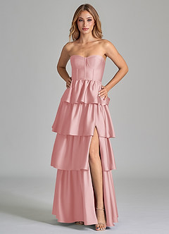 Azazie Faye Robes de demoiselle d'honneur Robe Trapèze en Satin extensible Rayé Rose Poudré image5