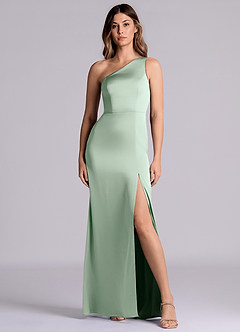 Azazie Philana Bridesmaid Dresses Agave A-Line One Shoulder Stretch Satin Dress image4