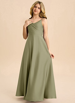 Azazie Bug Junior Pistachio A-Line Pleated Stretch Satin Dress image3