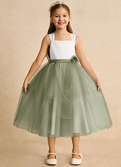 Azazie Bonny 플라워 걸 드레스 볼가운 주름진 얇실버 명주 그물 티 길이 드레스 image4